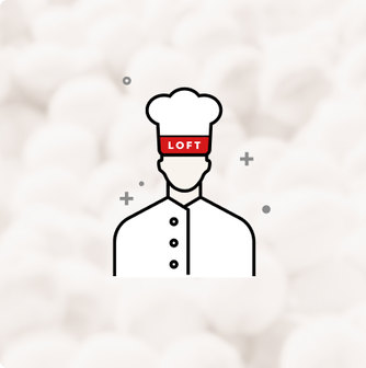 Illustration of a chef wearing a tall hat labeled &lsquo;LOFT&rsquo; and a buttoned uniform.